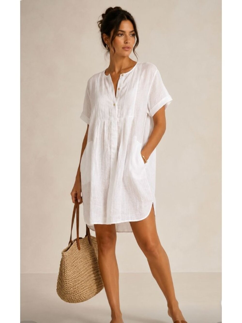 Loewe Paula's Ibiza White Linen Henley Mini Dress - Size 8